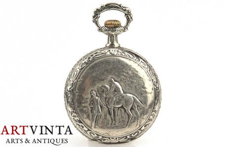 Antique Art Nouveau pocket watch, silver-plated, horseman motif
