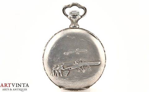 Nilax Taschenuhr Repoussé Versilbert Flugzeug