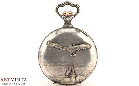 Landia Taschenuhr Repoussé Versilbert Flugzeug