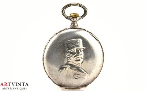 Antik Taschenuhr Versilbert Ferdinand Foch Marschall WW1 Frankreich