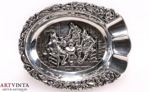 Kleiner Aschenbecher Versilbert 90 Genreszene Rosen Ashtray