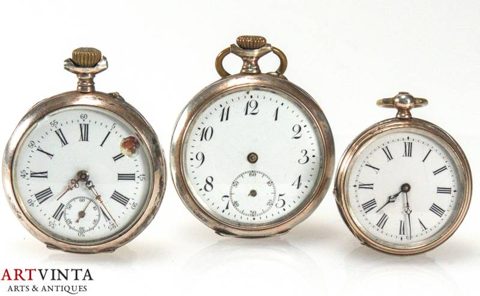 Three pocket watches, silver, defective