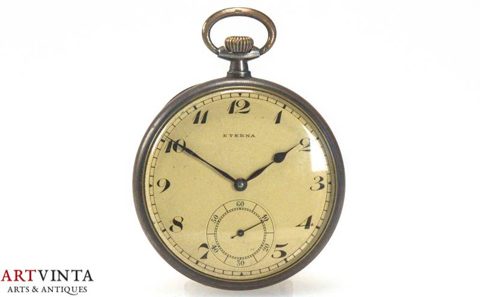 Eterna pocket watch, oxidised metal, Swiss, c. 1924, running