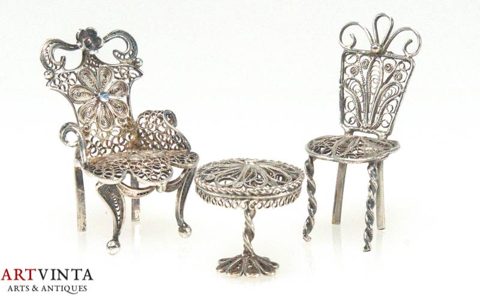 Puppenstube Zubehör Silber 800 Sessel Tisch Stuhl Doll's House Furniture