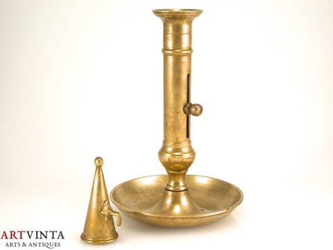 Slide candlestick with snuffer, brass, 19th century