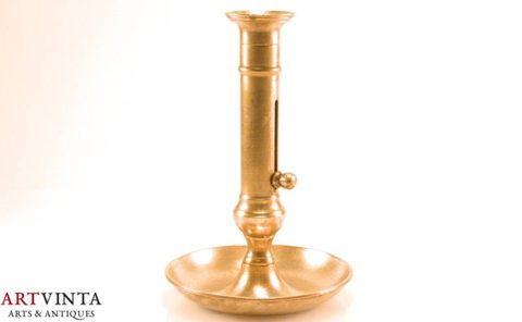 Slide candlestick with drip pan, brass, 19th century